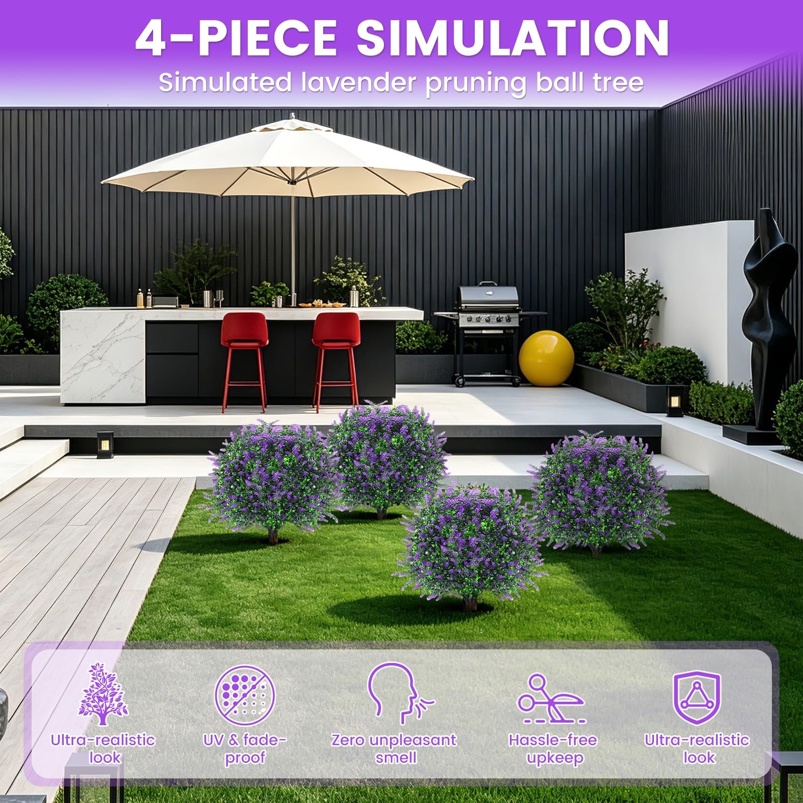 LRTCG Artificial Lavender Topiary Ball Trees, Set of 4 with Ground Spike, UV …