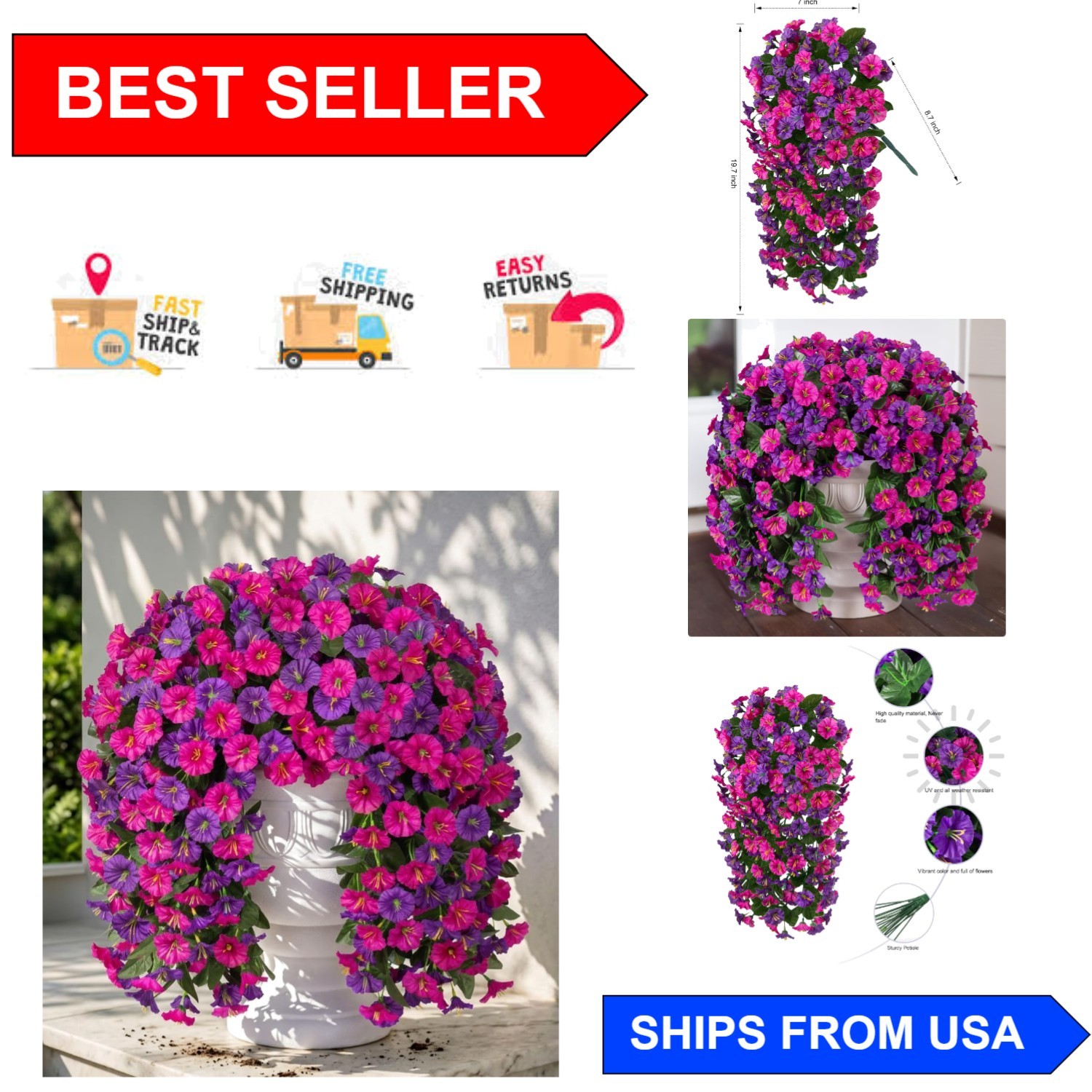 Elegant Outdoor Faux Silk Flower Vines – 2PCS UV Resistant Dark Purple & Fuchsia
