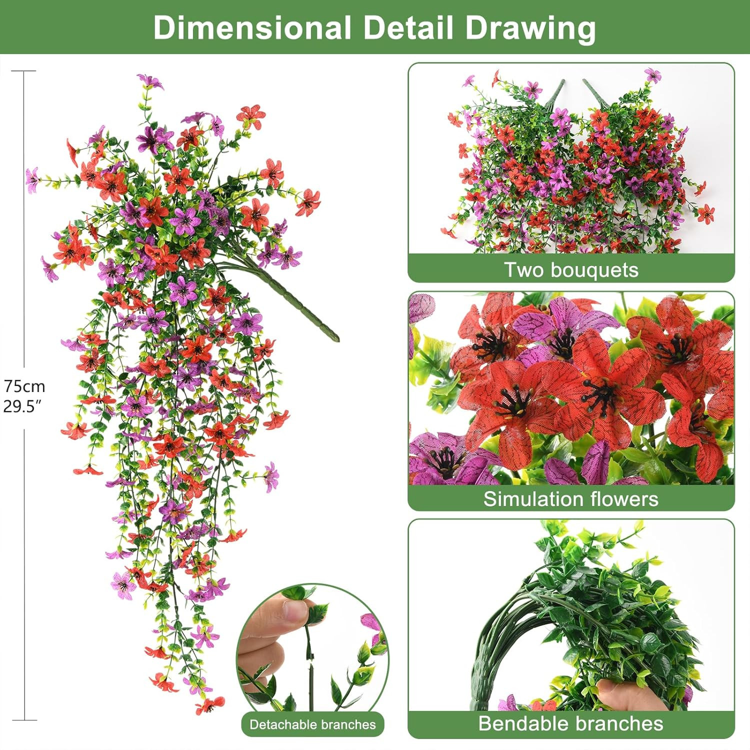 Artificial Hanging Flowers Plants for Outdoor Spring Summer Decoration,2 PCS Fau
