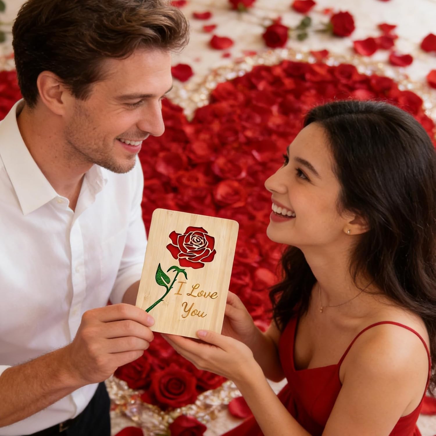 Wooden Valentine Card with Envelope for Her,Him,Romantic “I Love You” Rose C