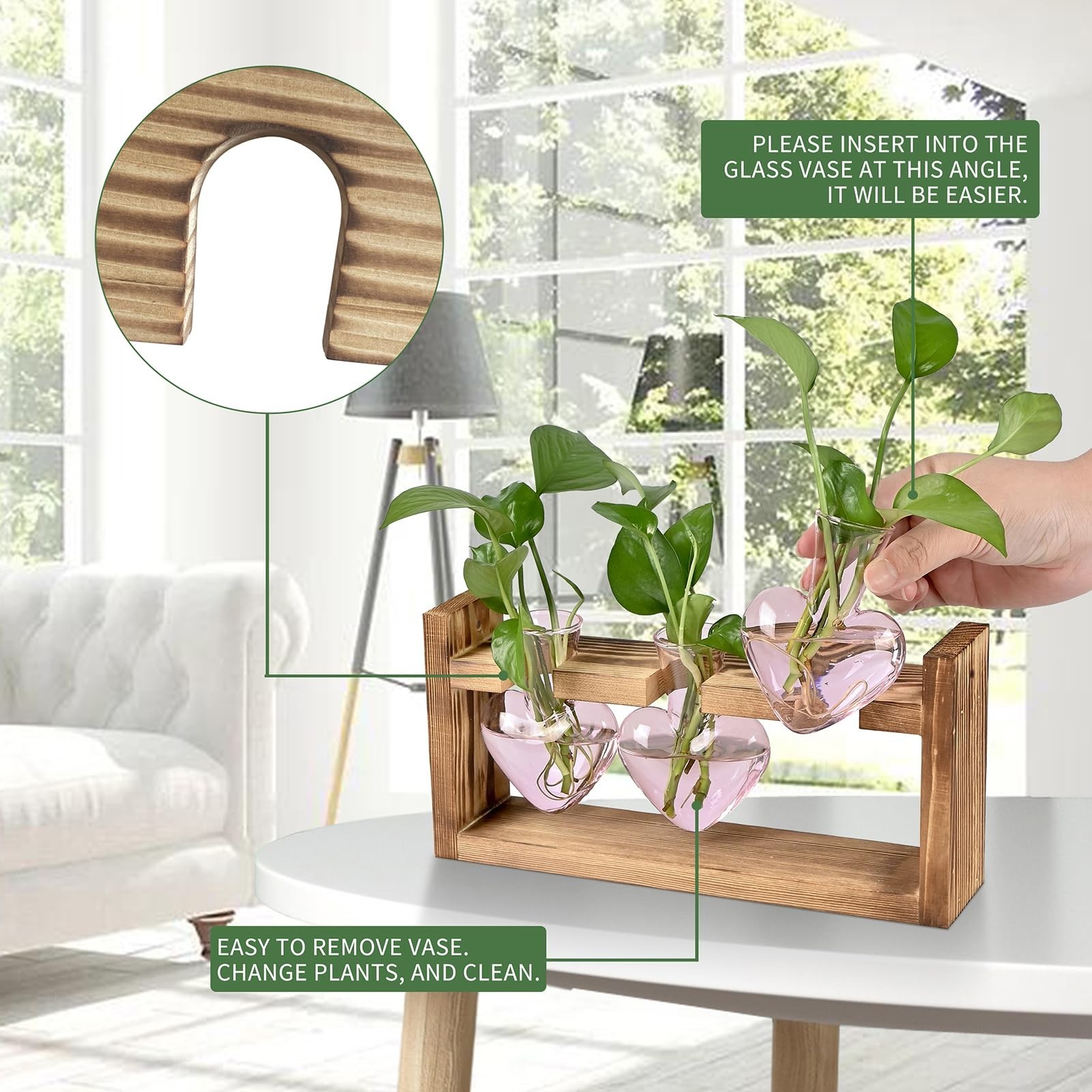 Heart Shaped Glass Vase Plant Terrarium Hydroponics Station with Wooden Stand –