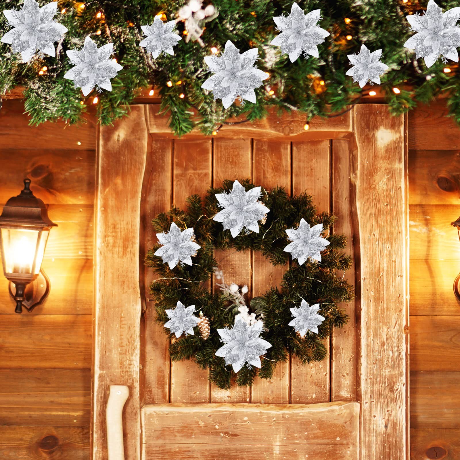 Silver Christmas Glitter Artificial Poinsettia Flowers Ornaments Clips 36 PCS