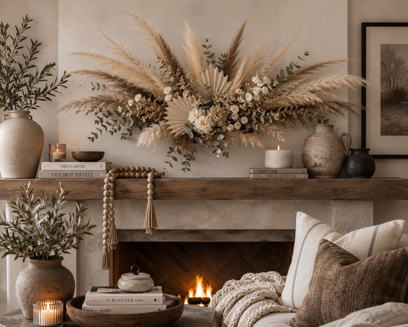 42 Piece Faux Pampas Grass Set Neutral Pampas Stems Beige Cream Taupe Brown Boho