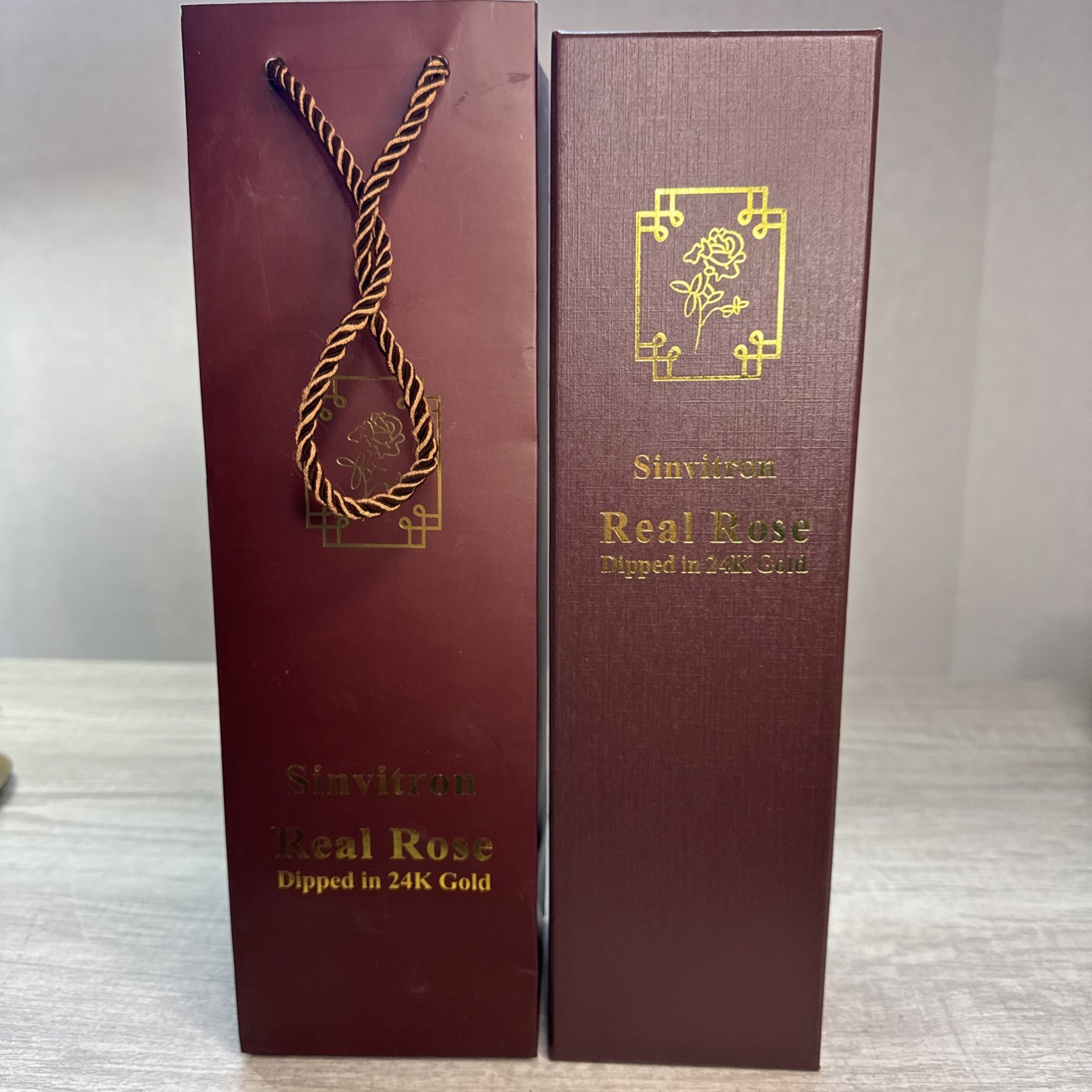 Beautiful Red Jewlers 24Kt Gold Dipped Real Rose Dark Pink/ Purple Box Bag Sta