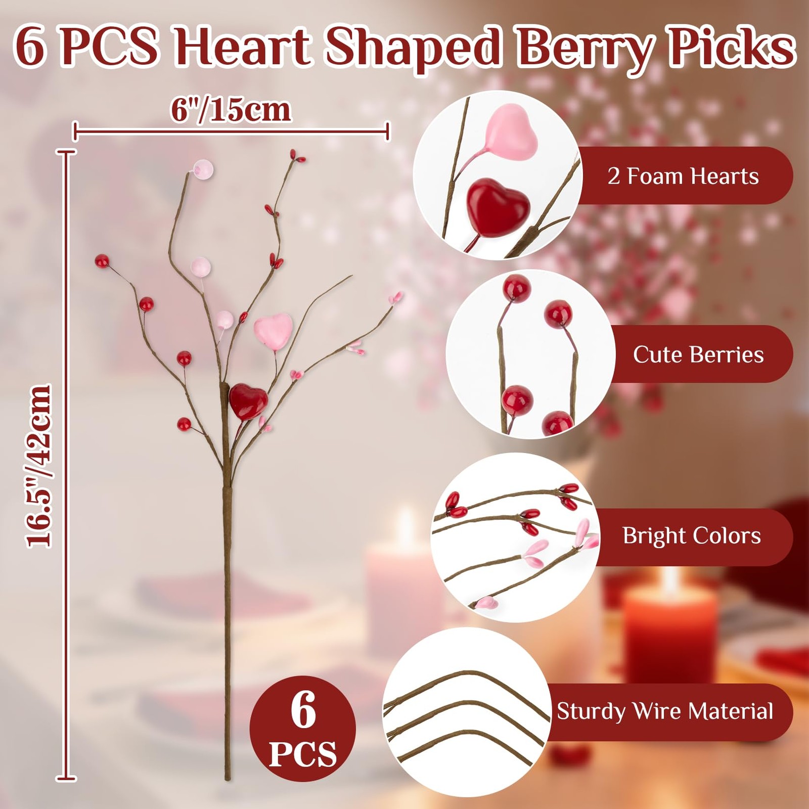 6 Pcs 16.5in Slim Valentines Day Decorations Heart Berry Stems Floral Decor