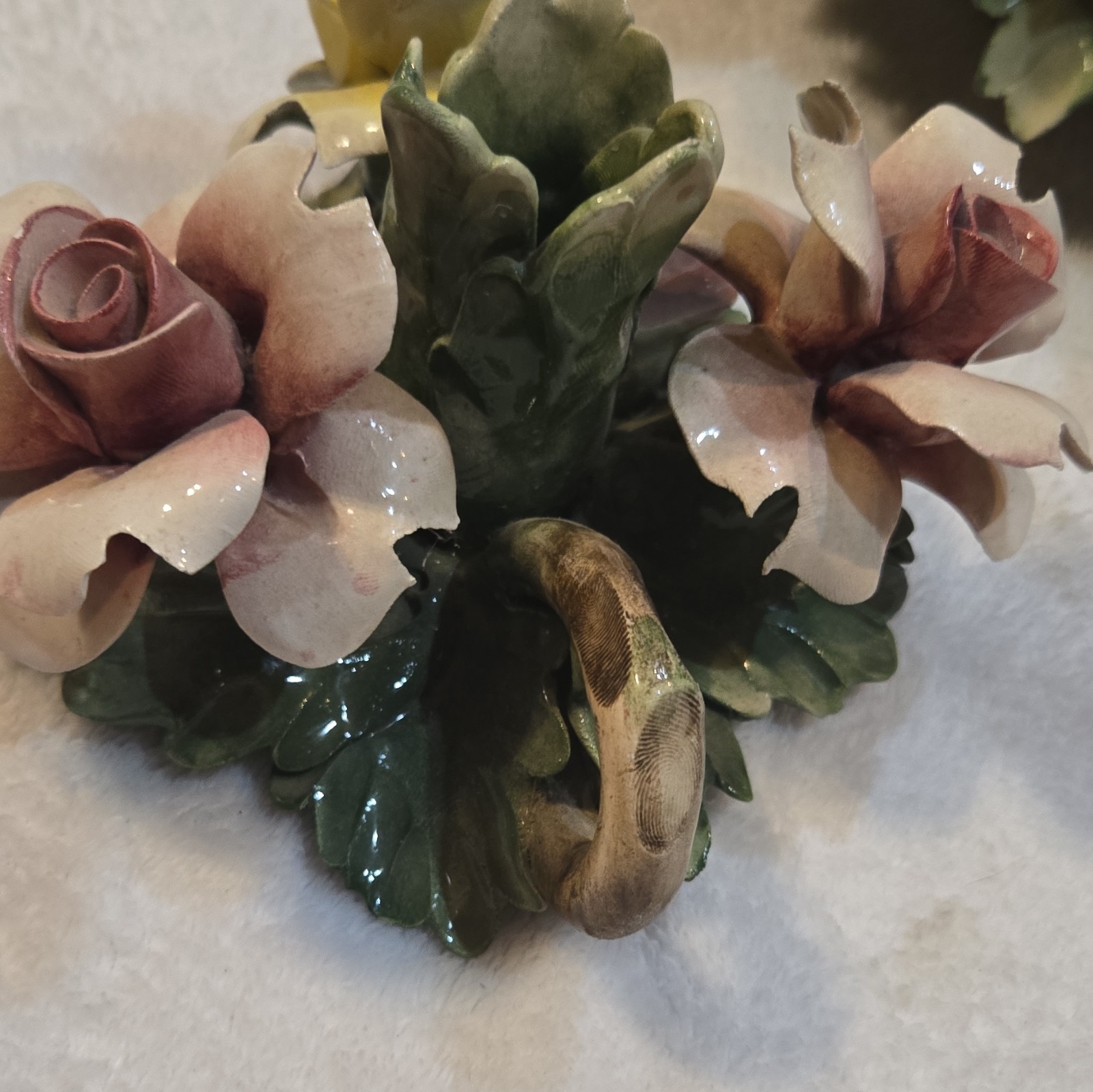 Vintage Italian Capodimonte Porcelain Rose Centerpiece Basket Candlestick Holder