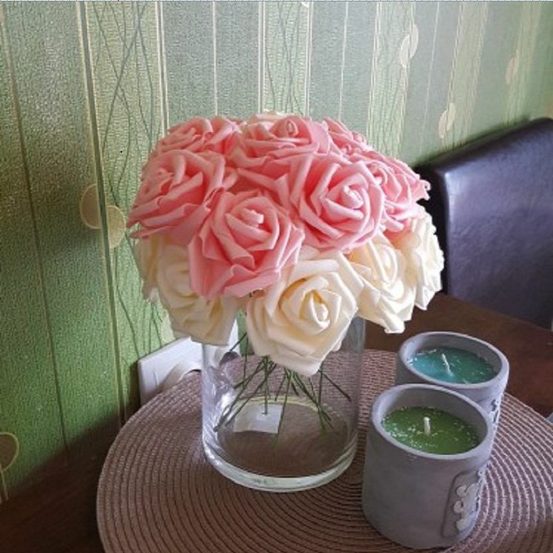 25 Heads 8CM Colorful Artificial PE Foam Rose Flowers Bride Home Bouquet Decor