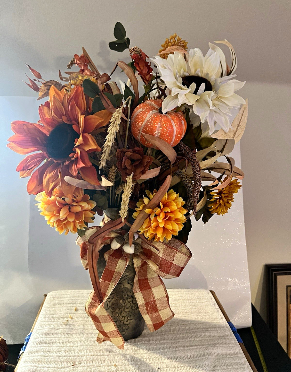 Fall Artificial Arrangement Sunflowers Dahlia Pumpkin Bow 24×18″