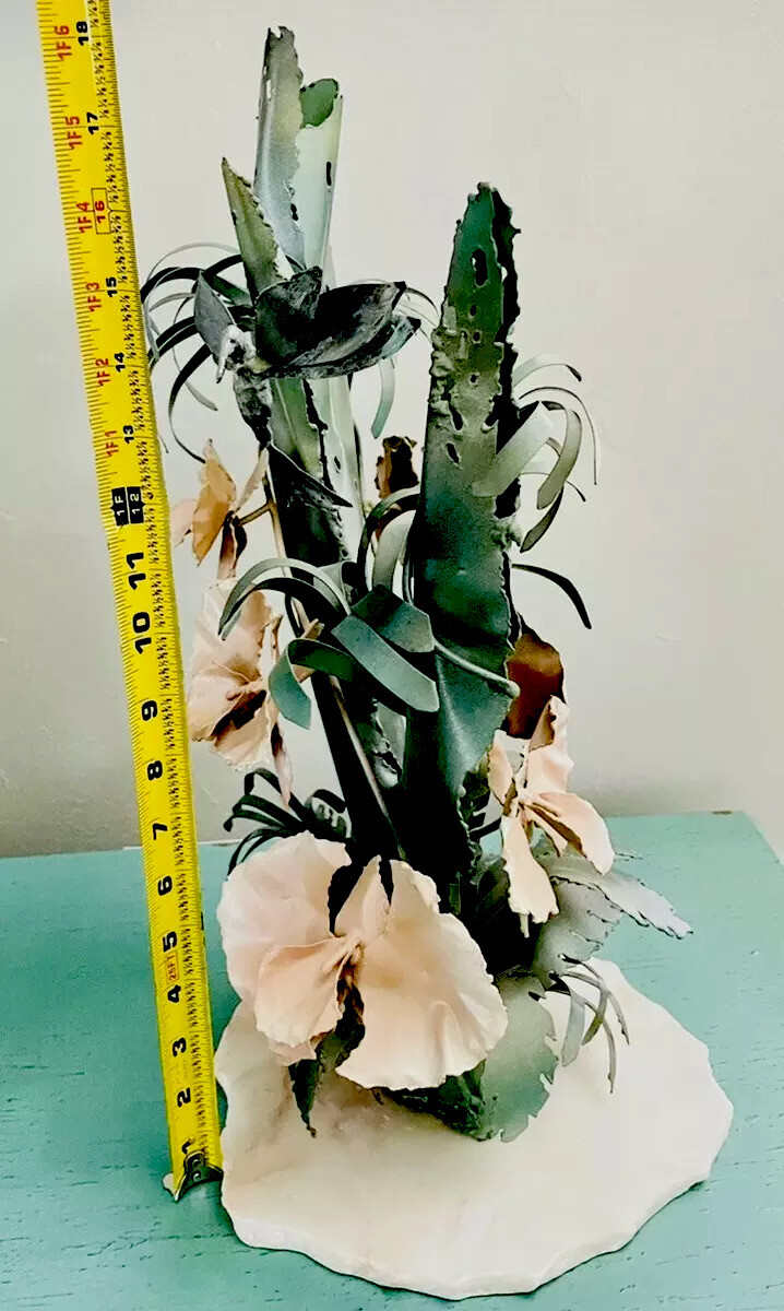 Unique Flower Arrangement Metal Orchids Marble Stand Handmade Hummingbird Signed