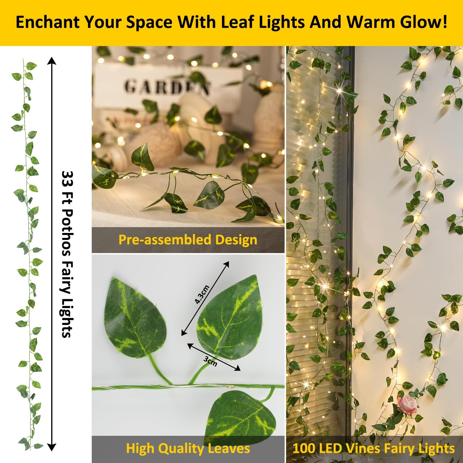 Vine Fairy Lights Battery Operated 100 LED Pothos Leaf Remote 33Ft Warm White