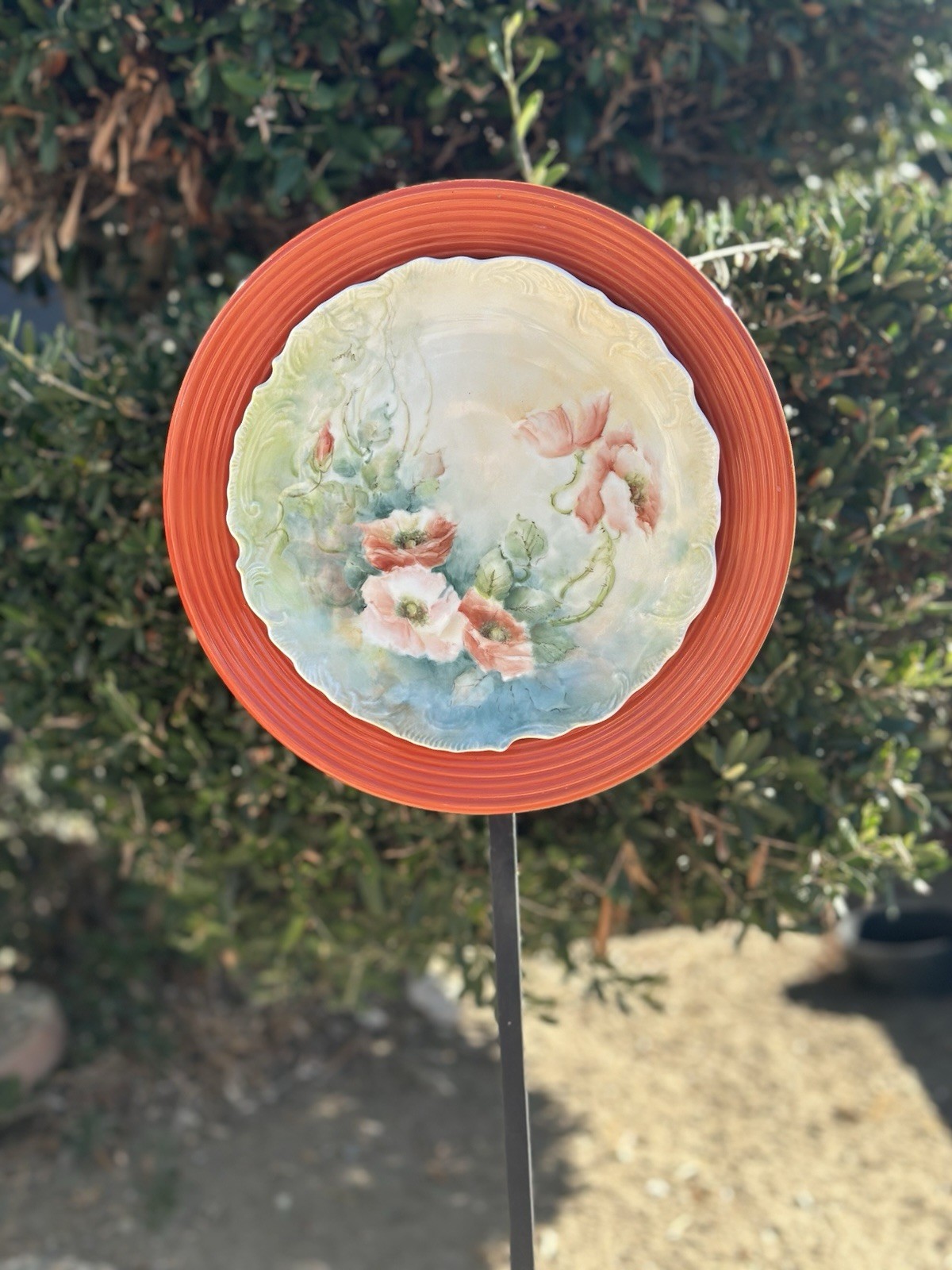 Glass Flower Topiary Upcycled Dishes Orange Peach Floral