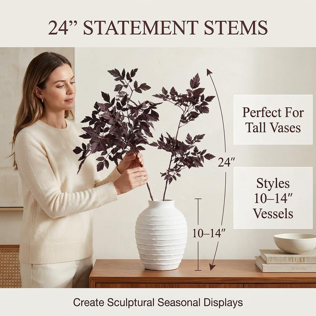 Fall Decorations Fall Stems for Vase, Set of 3 Faux Plum Burgundy Branches | 24″