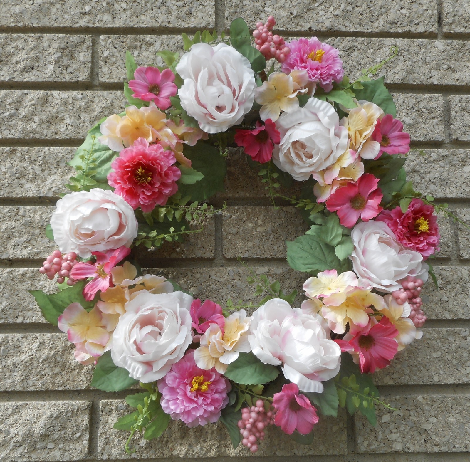 17″ Pink Cosmos Zinnia Rose Berry Hydrangea Floral Summer Grapevine Door Wreath