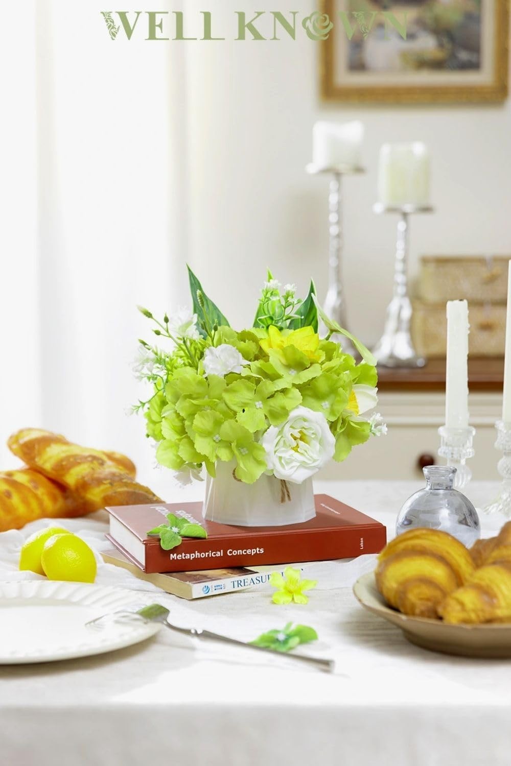 Small Fake Flowers in Plastic Vase 7″ Centerpieces Coffee Table Decor, Green …