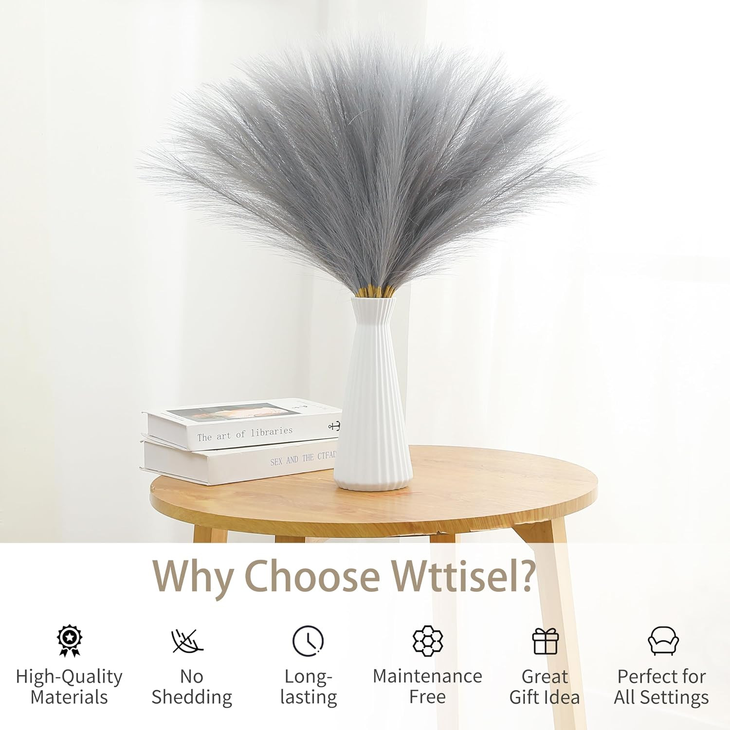 30Pcs 22″ Grey Pampas Grass Faux Pampas Grass Decor for Table Vase | Fluffy Pomp