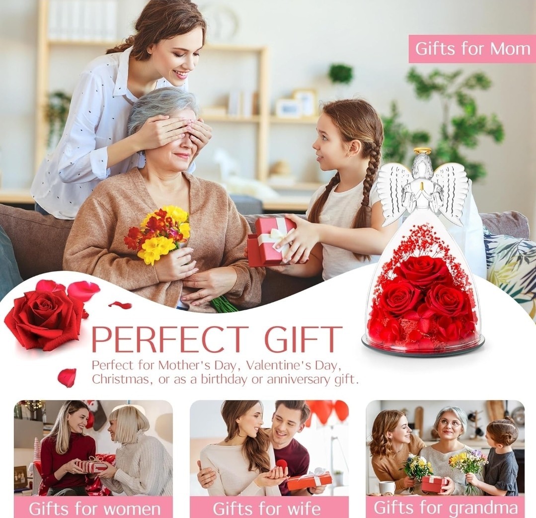Valentines Flower Gift for Grandma Mom, Forever Real Roses in Angel Figurine