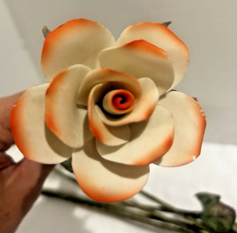6 Vtg Porcelain Long stem roses silk leaves and wire stems-unique find!