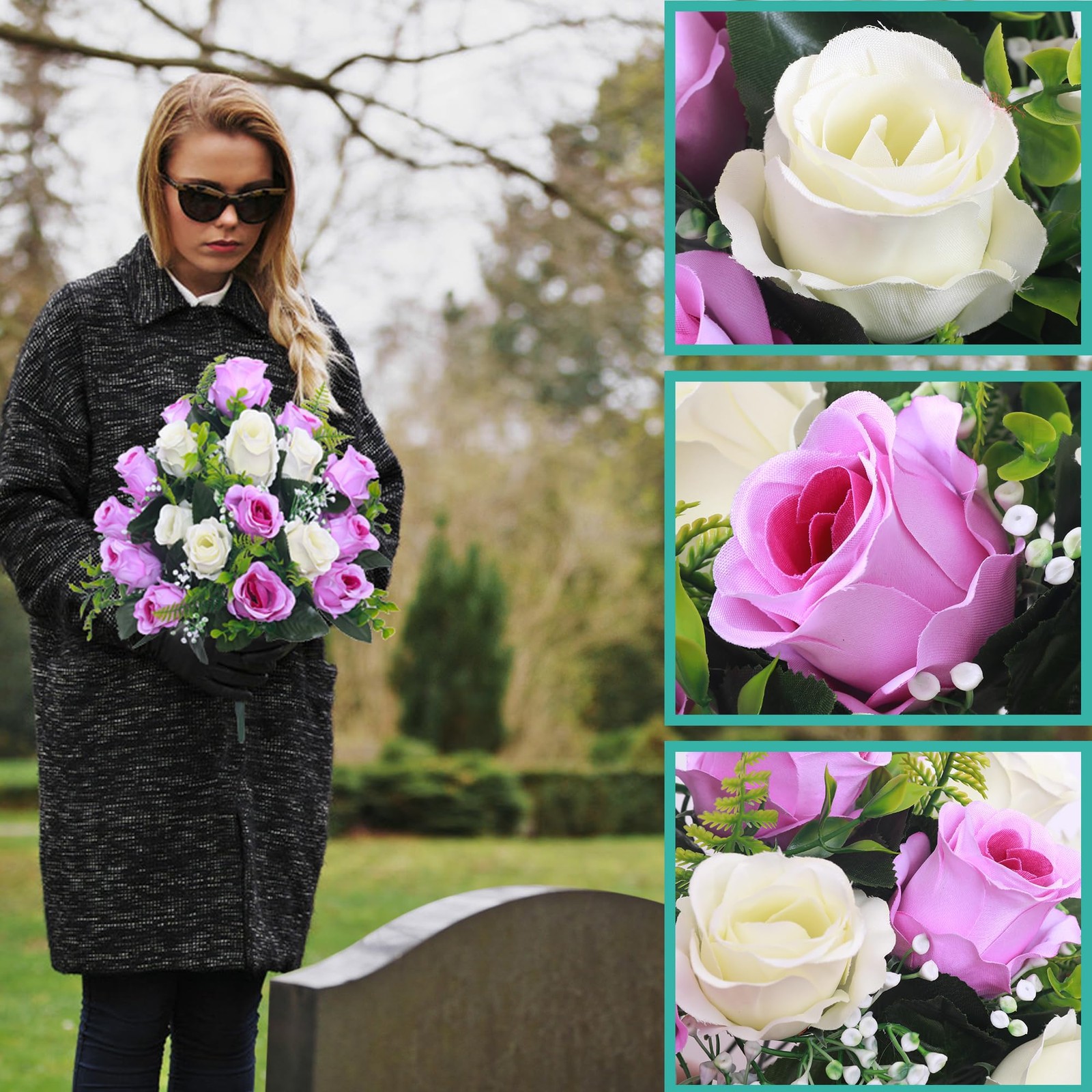 Artificial Cemetery Flowers,Set of 2 Grave Decorations Roses, Tombstone Memor…