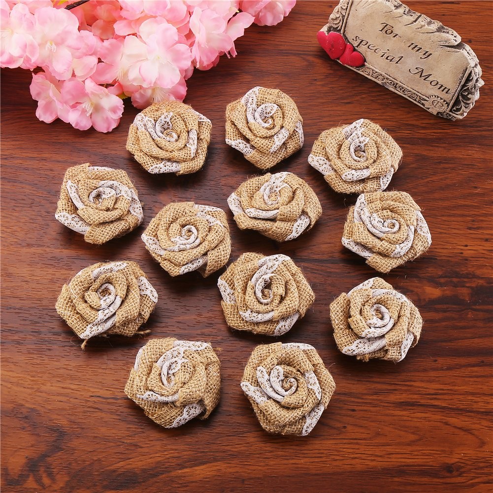 12 PCS Burlap Rose Flowers Wedding Decoration DIY Craft Floral Appliques