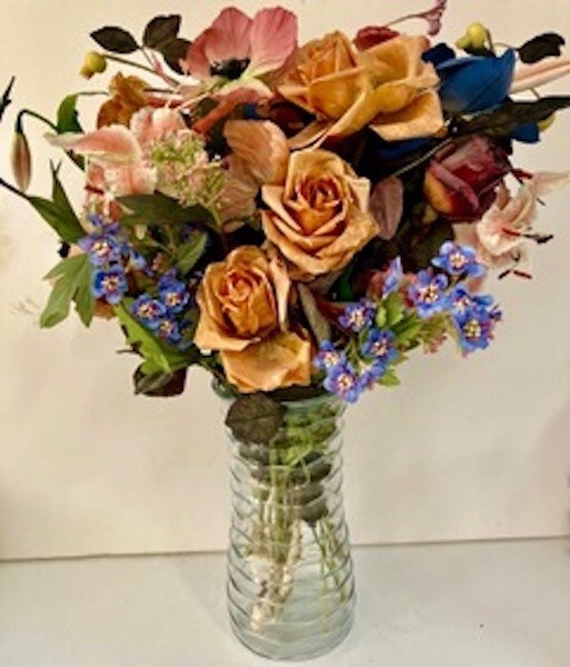 Vintage Handmade Silk/Crepe Flowers Bouquet In Swirling Glass Vase. Circa 1980’s