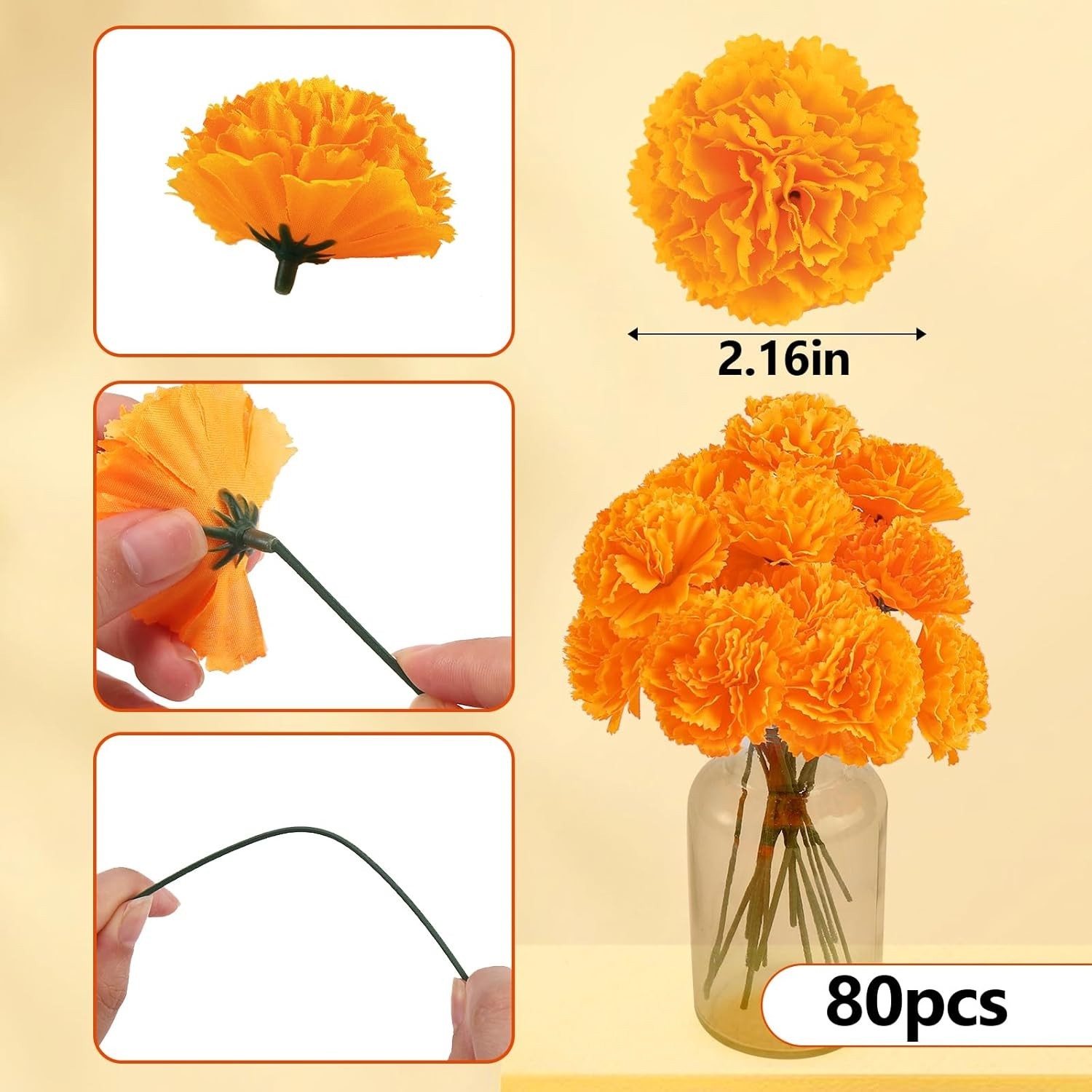 80 Pcs Artificial Marigold Flowers, 2 Inch Silk Marigolds Bulk with Stems, Orang