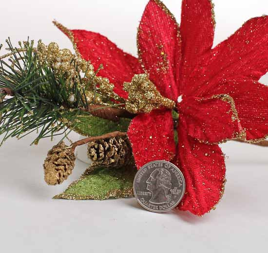 Set of 12 Red Poinsettia & Gold Glitter 9-1/2″ Floral Picks with Small Pinecone