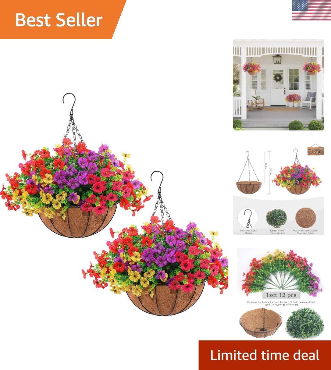 Vibrant Hanging Planters with 24 Realistic Artificial Flowers – UV Resistant Set