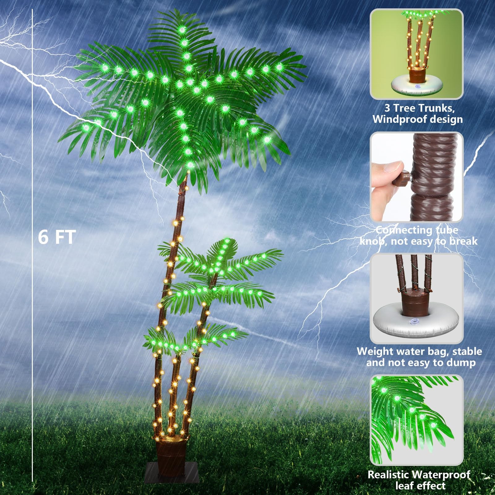 6FT LED Palm Tree Outdoor Indoor Waterproof Tropical Island Decor Tiki Poolside
