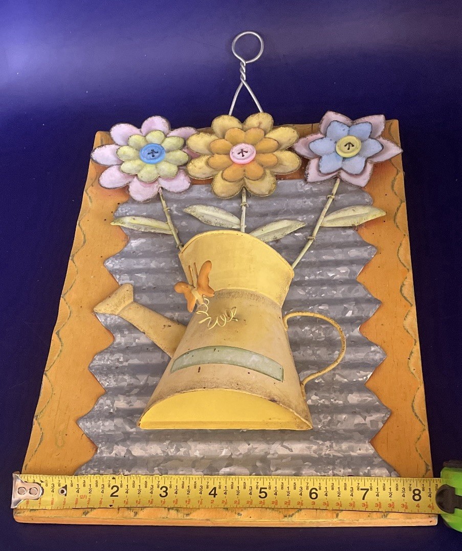 Colorful Tin & Wood Wall Hanging of Flowers and Butterfly Yellow Blue & Pink