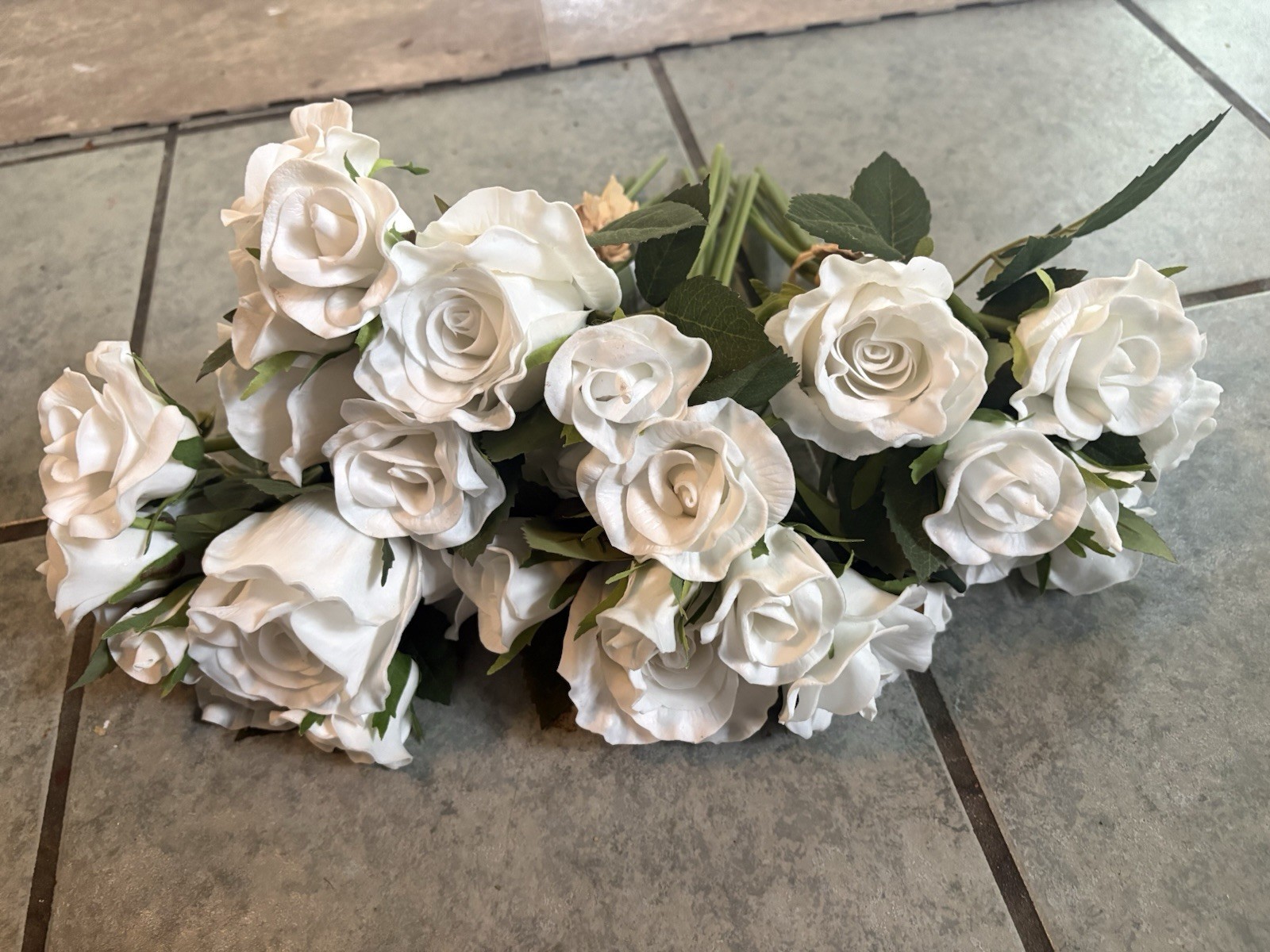 Lot of 4 Bouquets 13”Real Touch White Roses Wired Artificial Flowers Latex 34PC