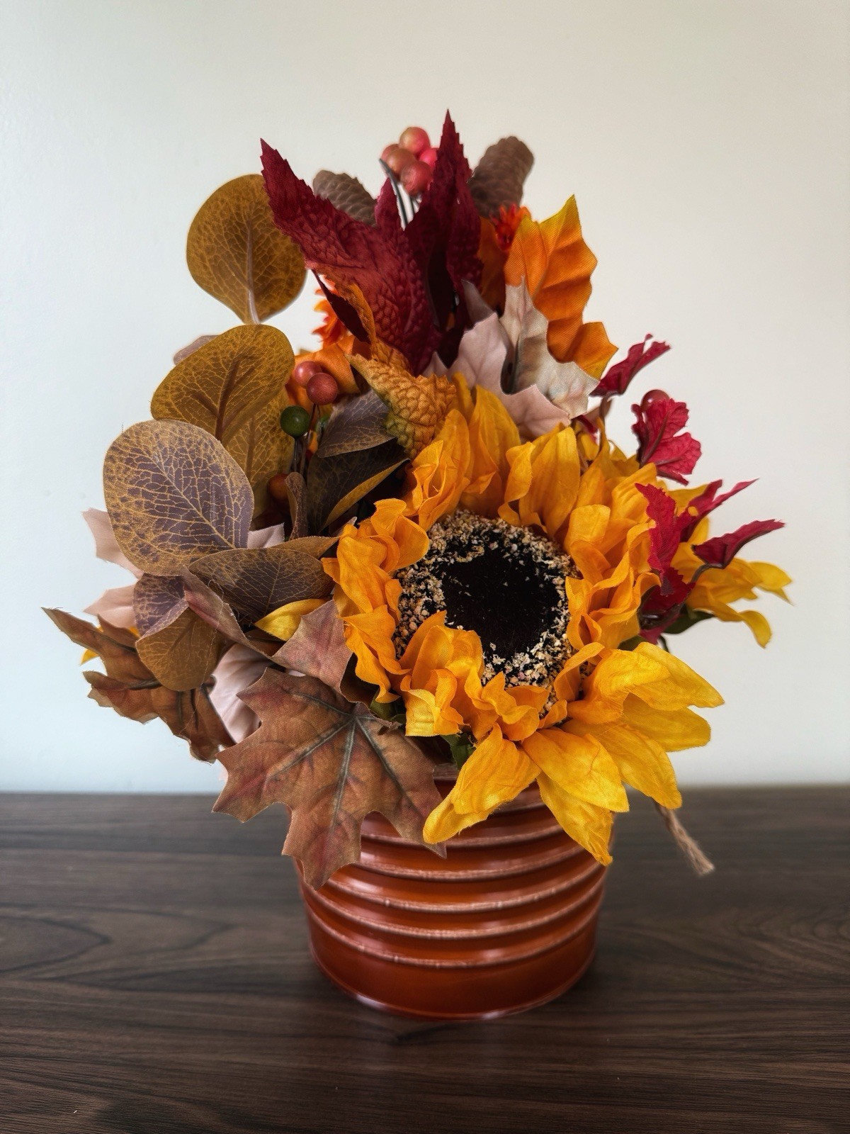 Handmade Fall Colors Centerpiece In A Warm, Festive Tin With Silk Flowers