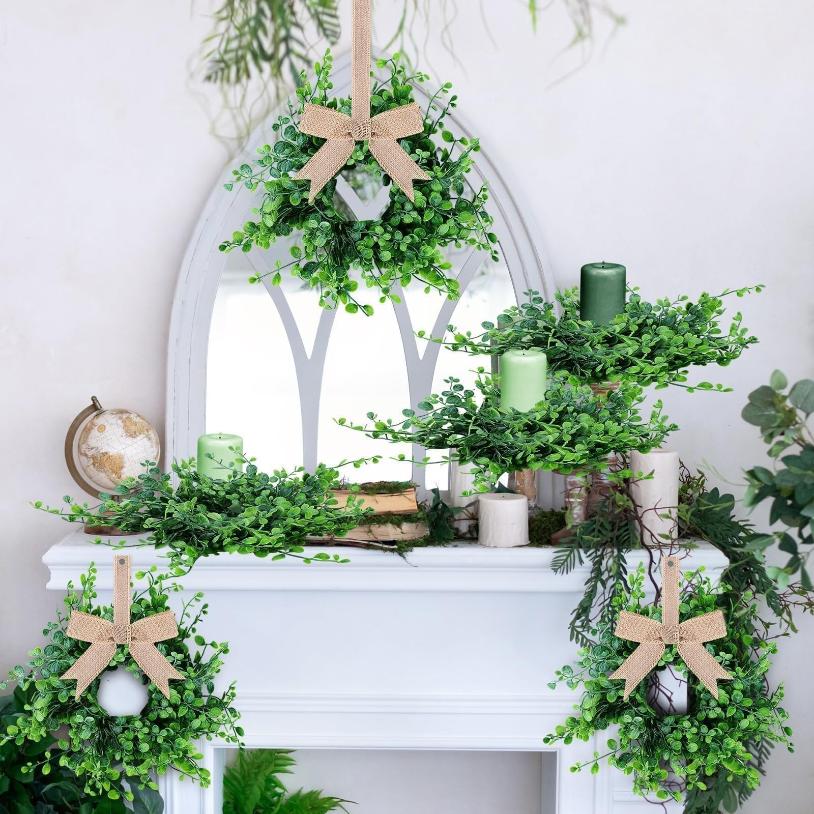 8 Pcs Mini Green Boxwood Candle Rings Wreaths Spring Summer Kitchen Cabinet Swag