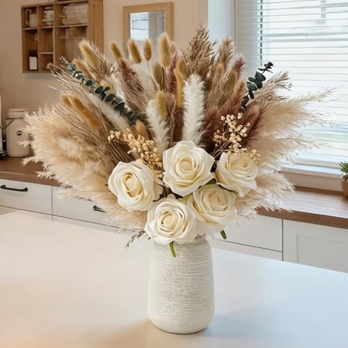 100pcs Artificial Flowers Arrangement with Vase, Fake Flowers Silk Roses in