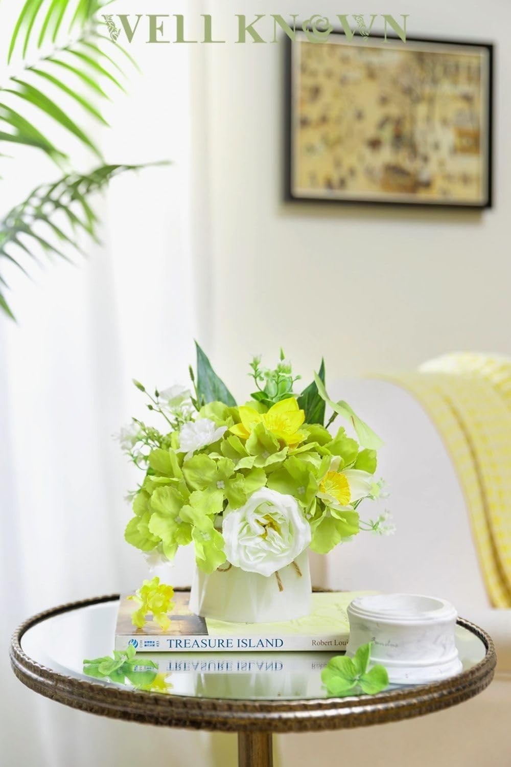Small Fake Flowers in Plastic Vase 7″ Centerpieces Coffee Table Decor, Green …