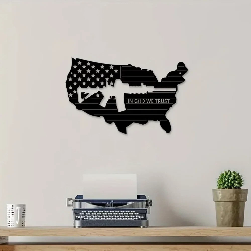 Retro American Flag Submachine Gun Metal Wall Art – Army Home Decor