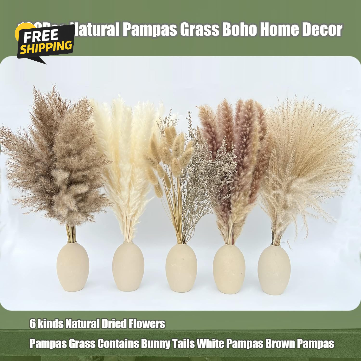 100Pcs Pampas Grass Boho Home Decor 17 Inch Natural Dried Flowers-Pampas Grass