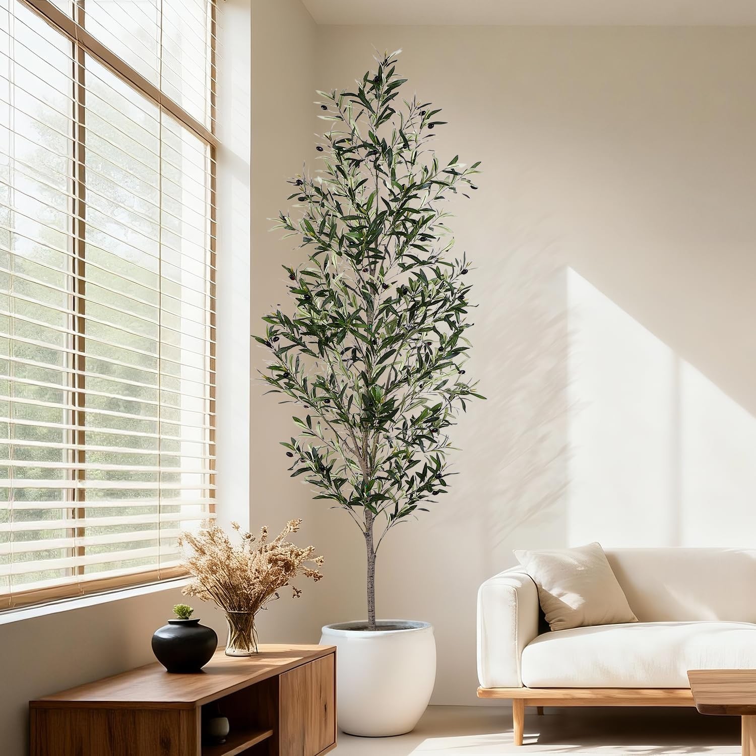 Olive Tree, 7FT Artificial Indoor Tall Faux Olive Trees w/Planter & Natural Wood