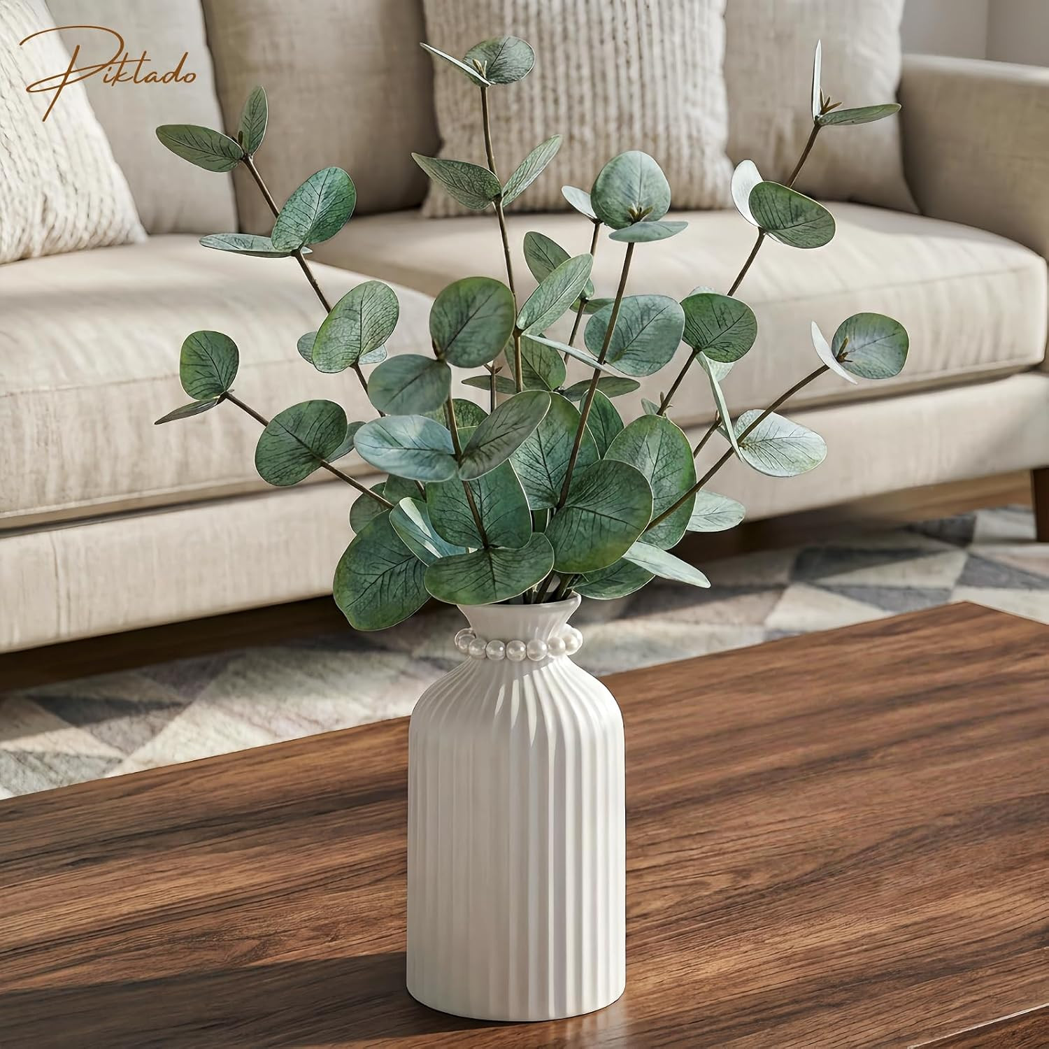 Artificial Eucalyptus Stems in Vase, Faux Plants with Frosted Ceramic Vase, Nord
