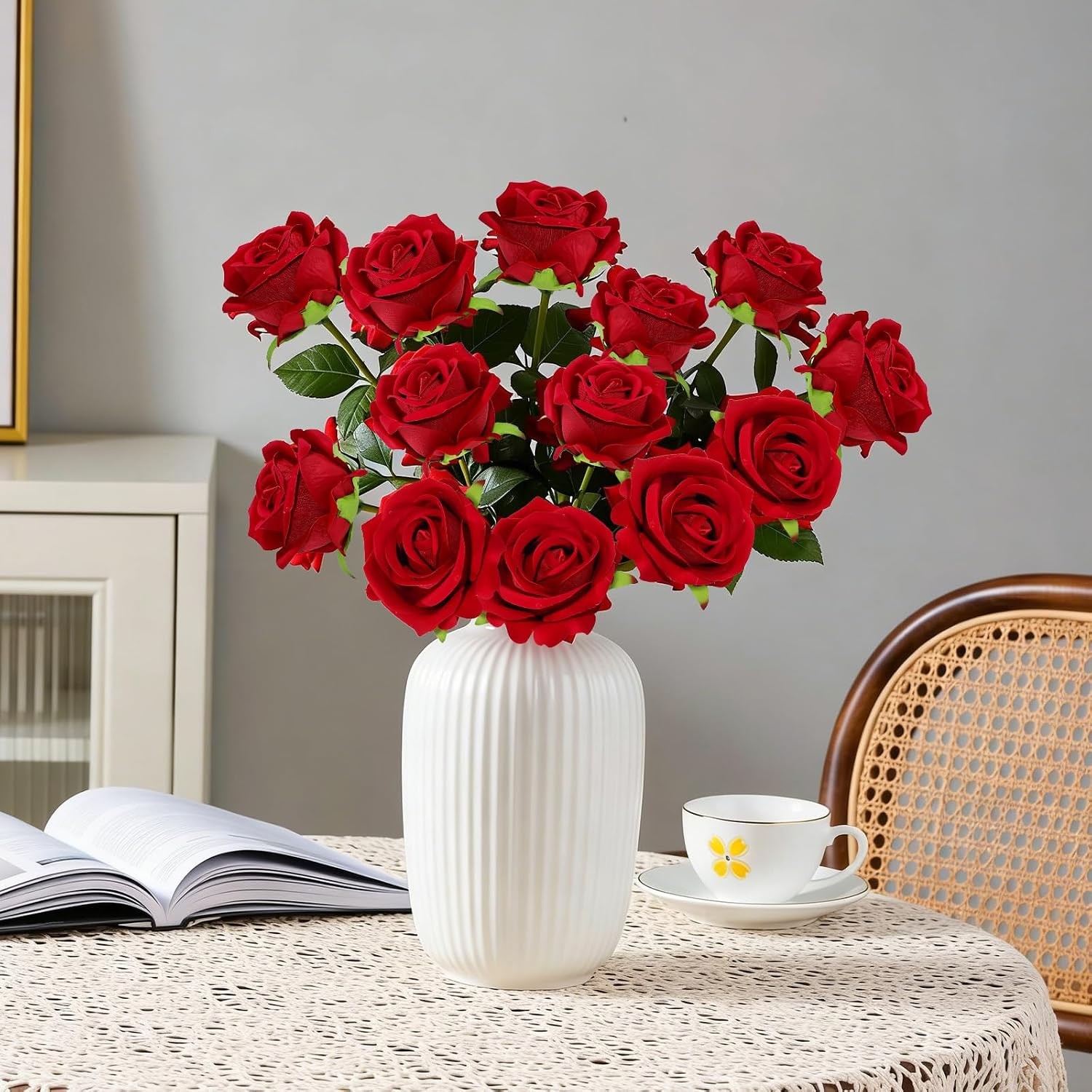 12 Pcs Red Roses Artificial Flowers, Real Touch Fake Velvet Flowers with Stems