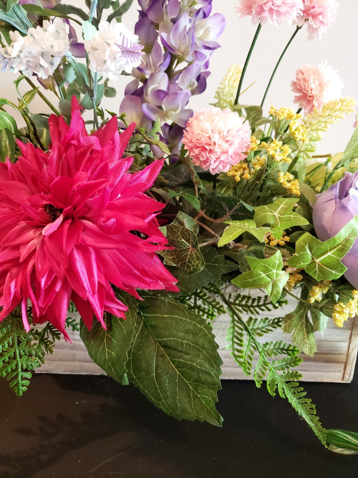 Silk Floral Arrangement: Spring Garden Cottage Style in Unfinished Wood