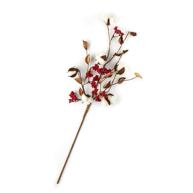 Factory Direct Craft Artificial Cotton Boll and Red Berry Spray
