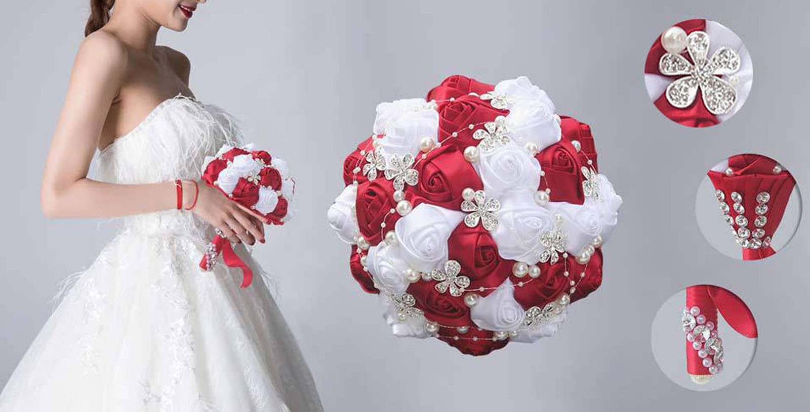 Black Ivory Bridal Wedding Bouquet Satin Rose Rhinestone Pearls Quinceanera