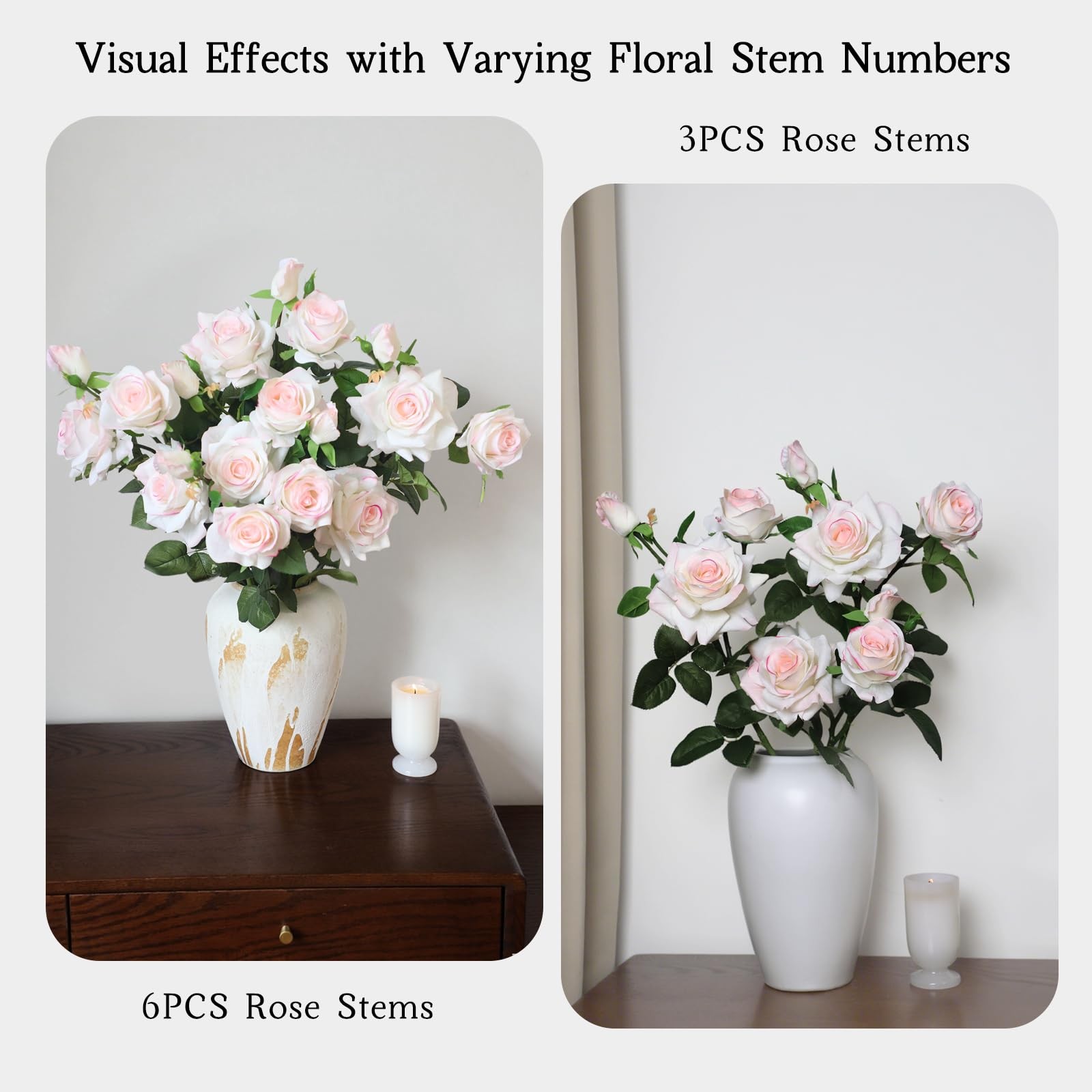 KBREE 30” Real Touch Roses, Pink White Artificial Flowers, 3Pcs Pink Roses wi…