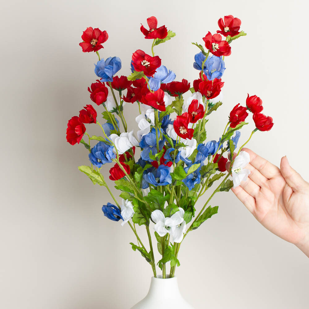Set of 2 Red, White and Blue Patriotic Soft Poly Silk Cosmos 22″ Floral Bushes