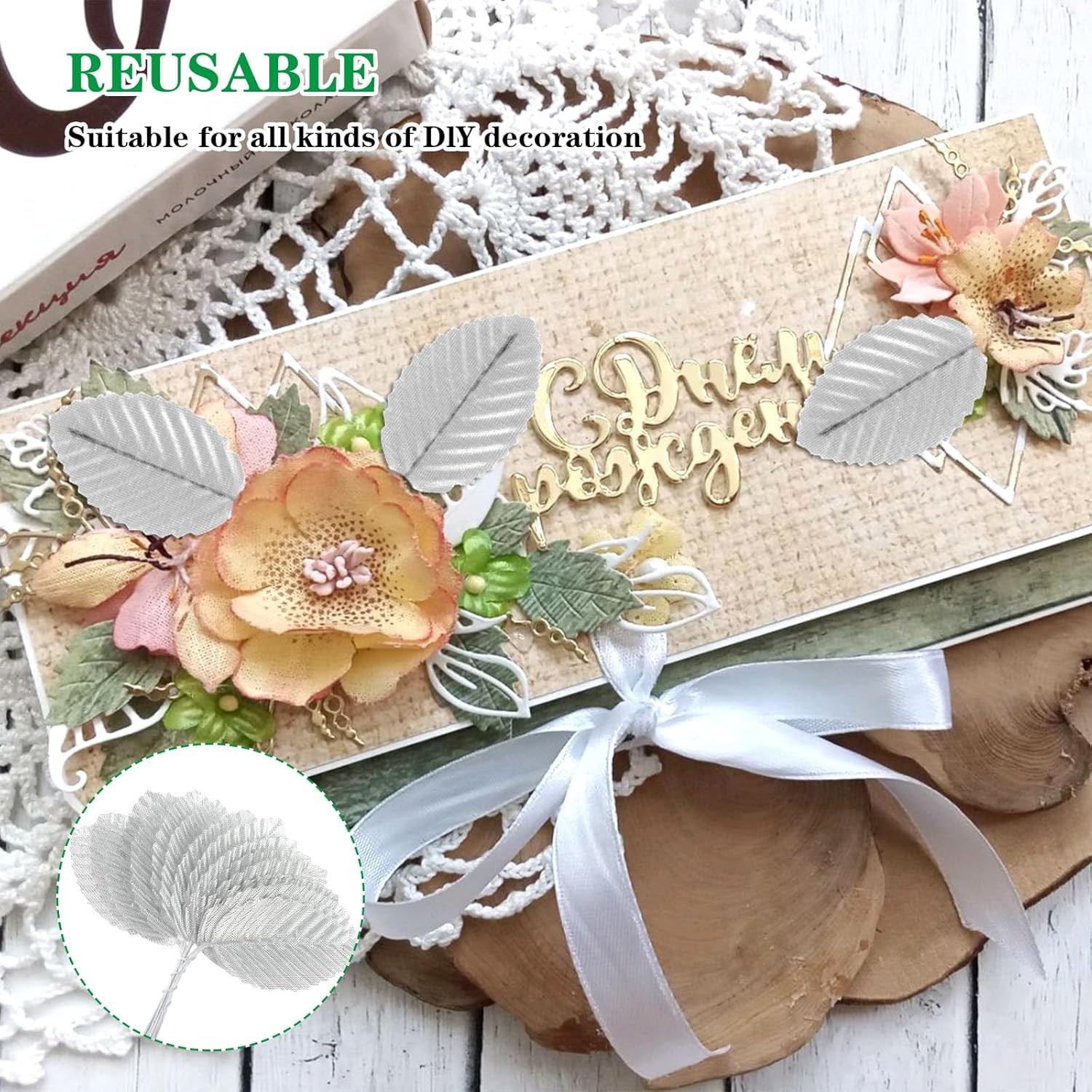 200 Pcs Silver Leaves for Crafts – Artificial Silk Faux Wired Single Leaf Wire C