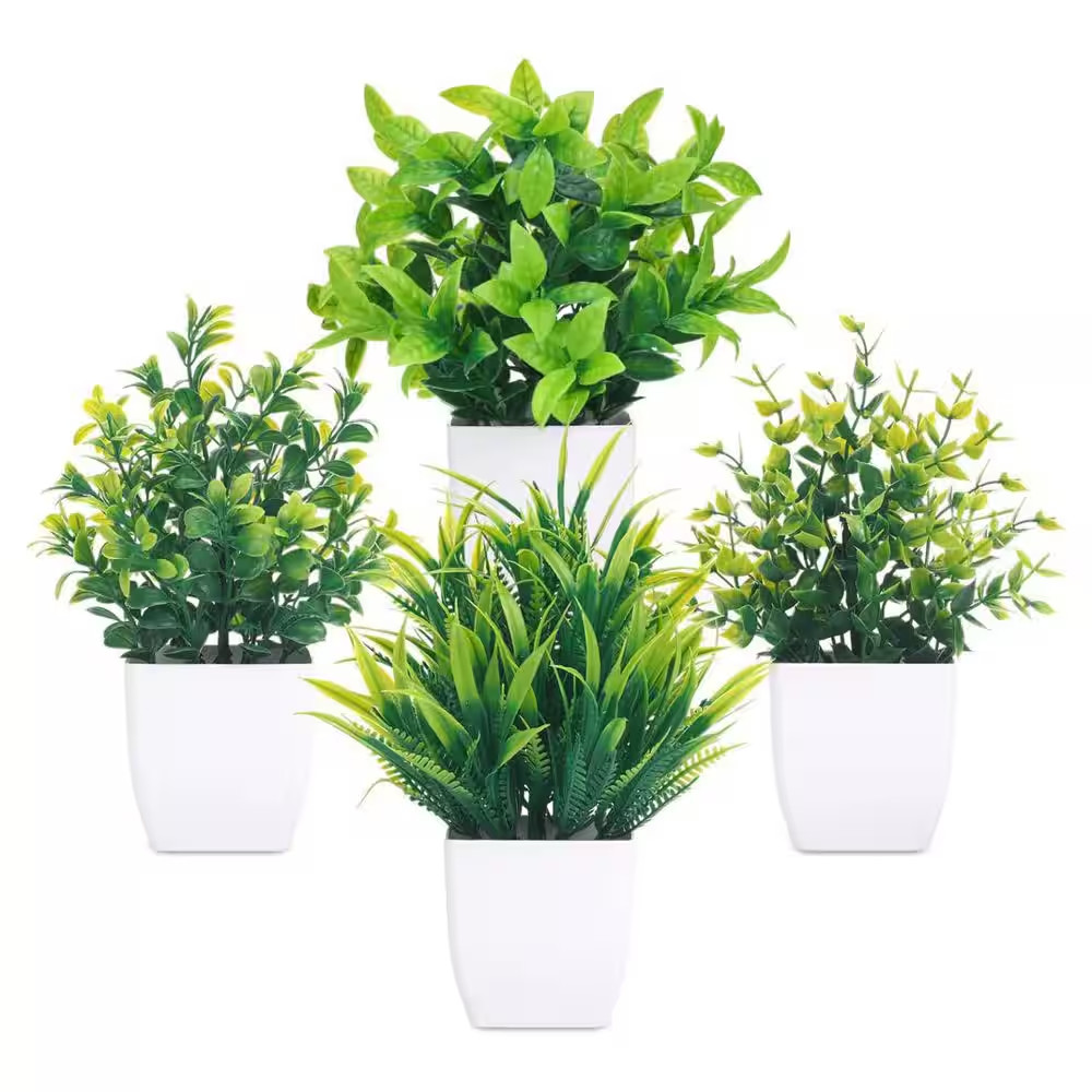 Small Artificial Greenery Plants in White Pot Garden Statue , 4-Pack