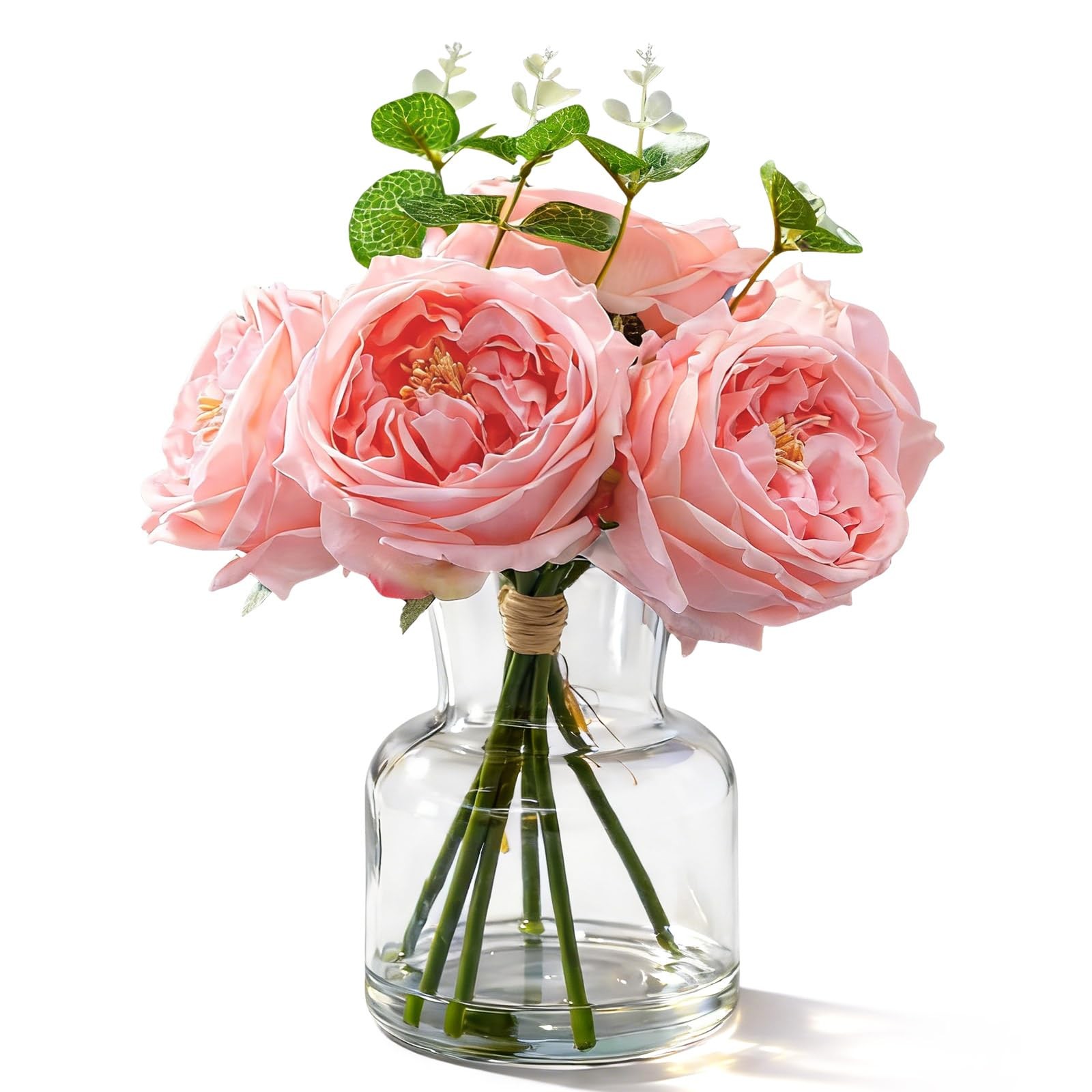 6 PCS Real Touch Peonies Artificial Flowers Faux Austin Rose In Vase Pink