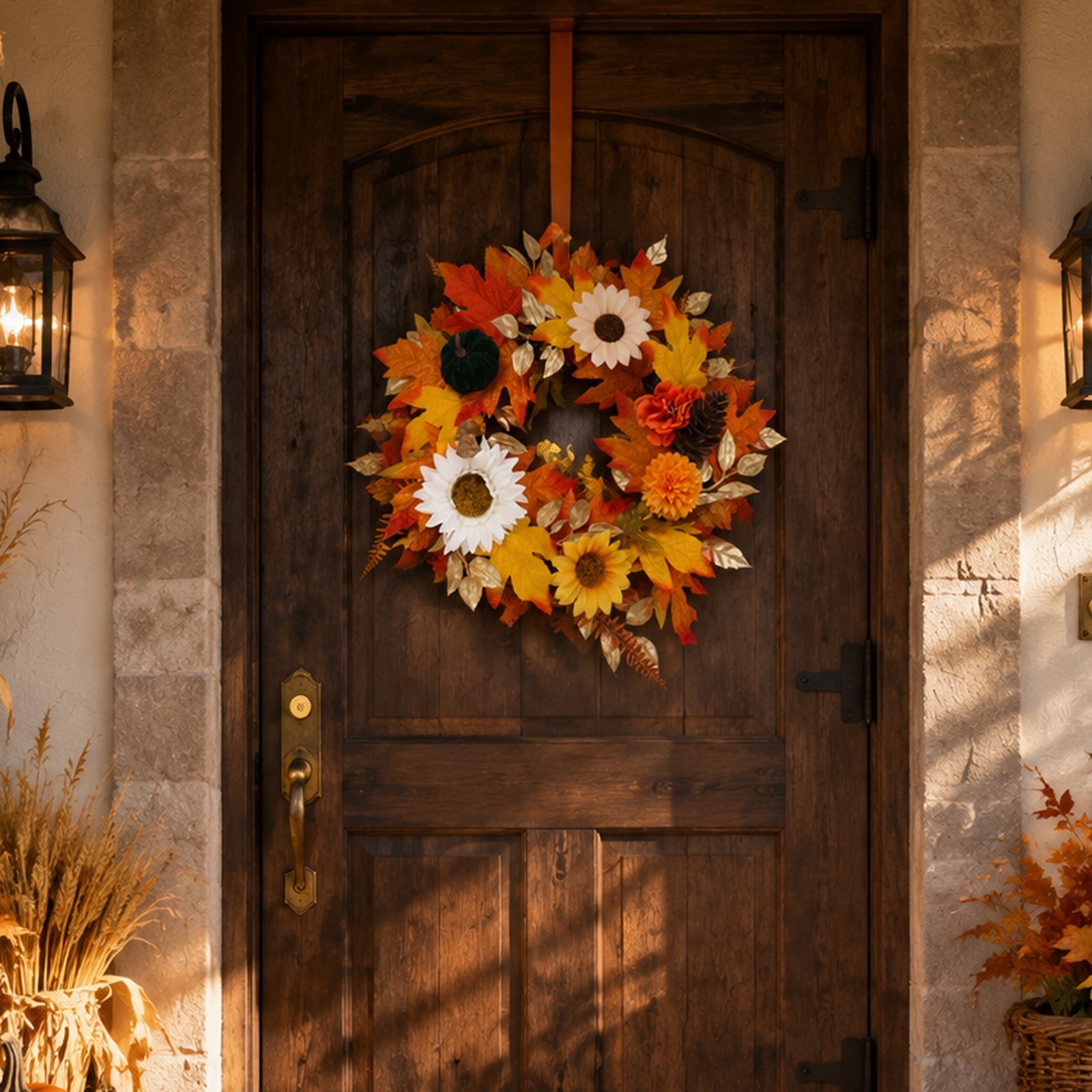17.72in/45cm Artificial Wreath with Vibrant Sunflowers Pumpkins Maple Leaves
