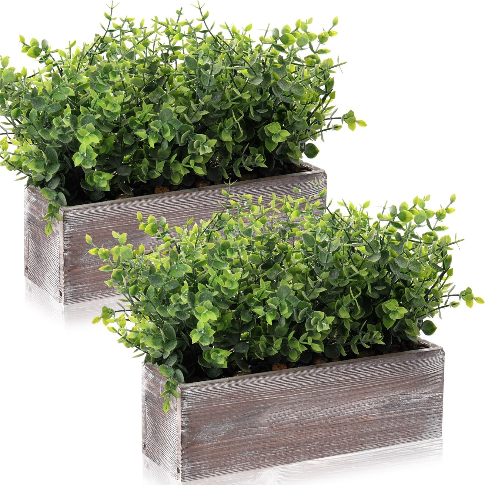 2 Pack Faux Eucalyptus Plants in Rustic Wooden Planter Box – Indoor Wedding Cent