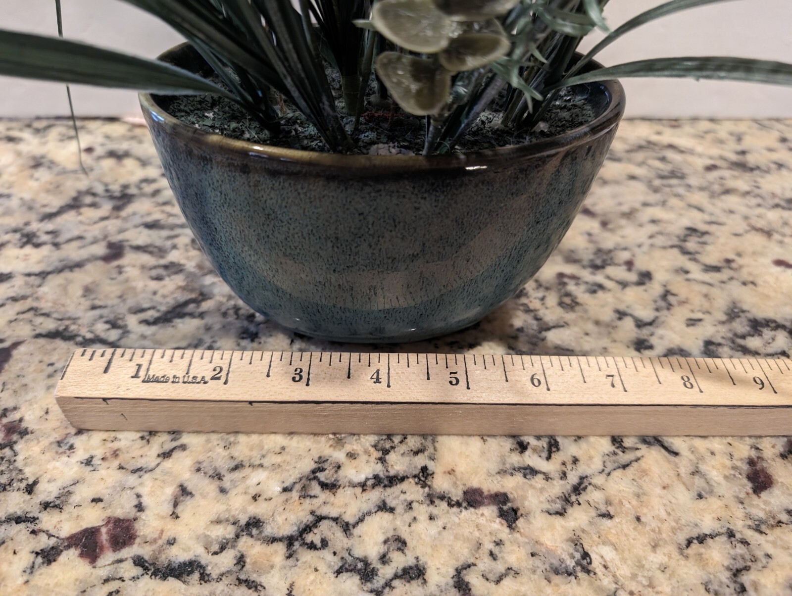 Artificial Onion Grass with Sea Shells Aqua Speckled Stoneware Ceramic Pot 14″